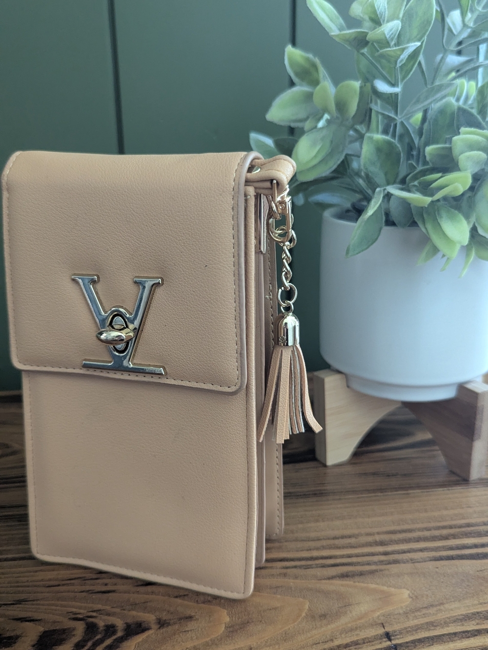 Tassel-Accent Nude Crossbody Phone Bag
